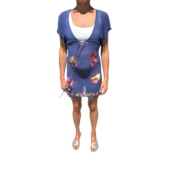 Jenny Han XS Blue Sheer Silk W/Floral Embroidery Deep V-Neck Mini Dress - Picture 1 of 9